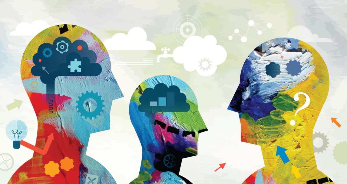 Mental power concept | nk insider three colorful abstract heads facing each other with gears and clouds symbolizing collaboration and creativity