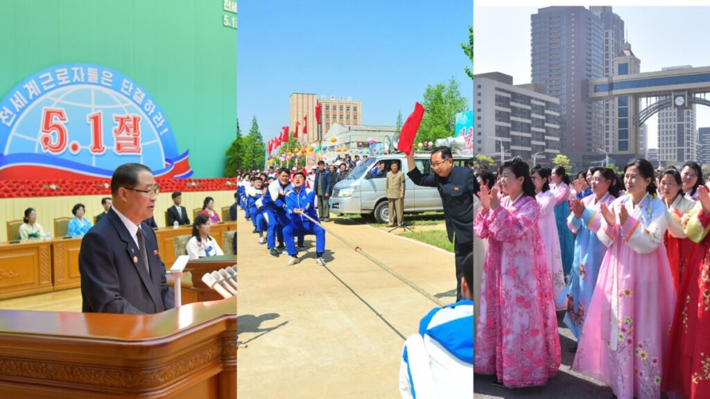 2 | nk insider collage of three scenes a formal speaker at a podium during a ceremony a tugofwar event with uniformed participants and a crowd of people in colorful hanbok watching a street celebration