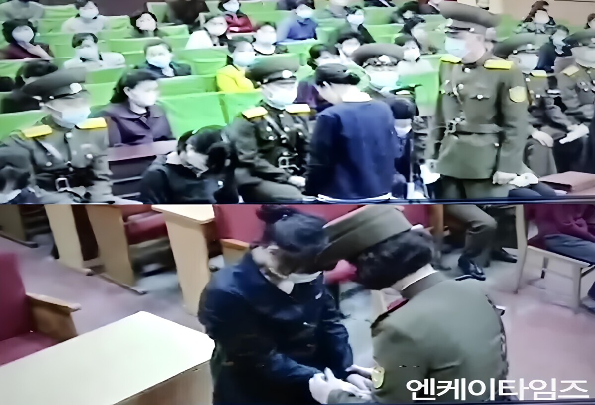 Prisionersnoreturn 1 | nk insider split screen news image top shows masked officers and attendees in a chamber with green seats bottom shows two people in a courtroom leaning over a desk toward each other with a korean caption visible