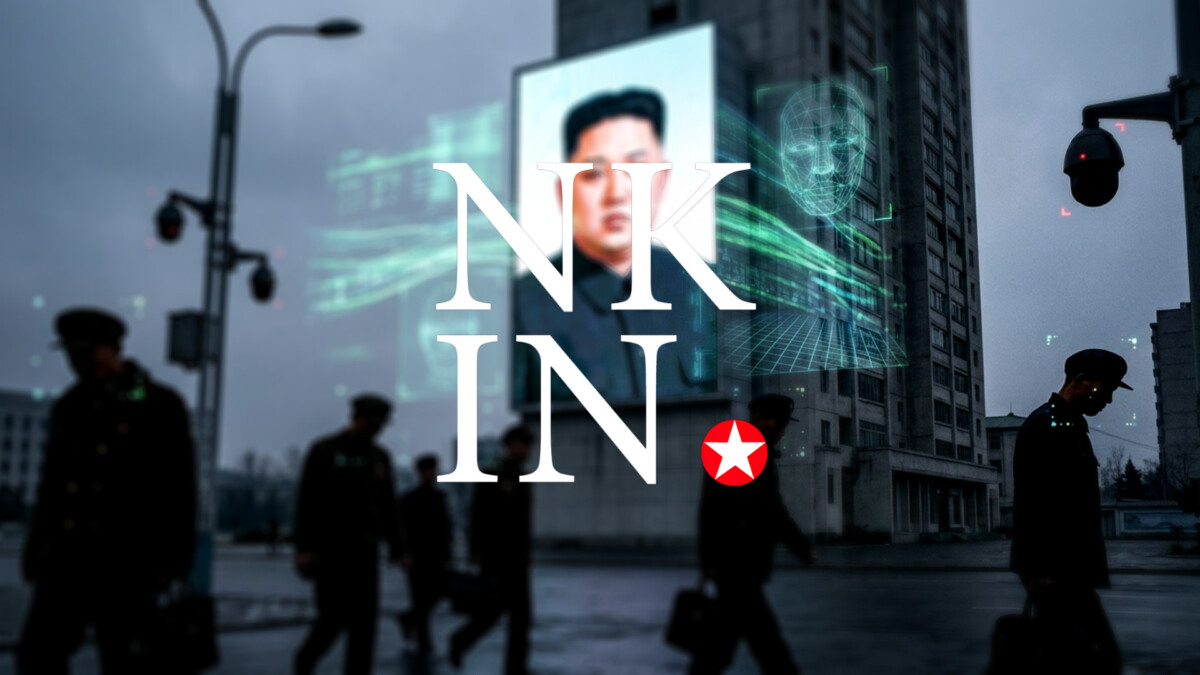1 | nk insider propaganda style urban scene with holographic graphics and large nk in text over silhouettes in a city street plus a red star badge