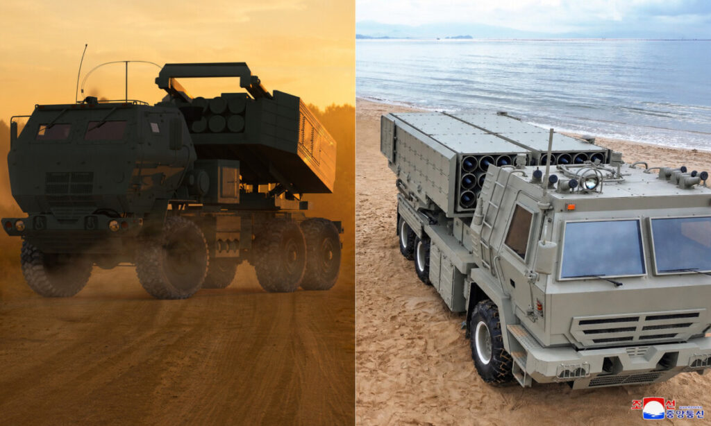 Himar nk multile launcher system | nk insider split image left a heavy missile launcher vehicle in a dusty orange scene right an armored transport with missiles on a sandy beach by the water