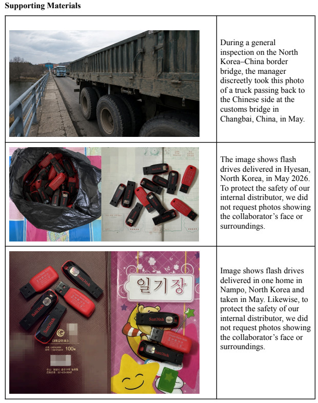 truck trailer on a road with a guardrail during an inspection adjacent text panel describes north koreachina border scene read as truck photo from a border inspection context