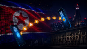 two smartphones connect via a glowing bitcoin chain set against a nighttime cityscape with a russian flag in the background