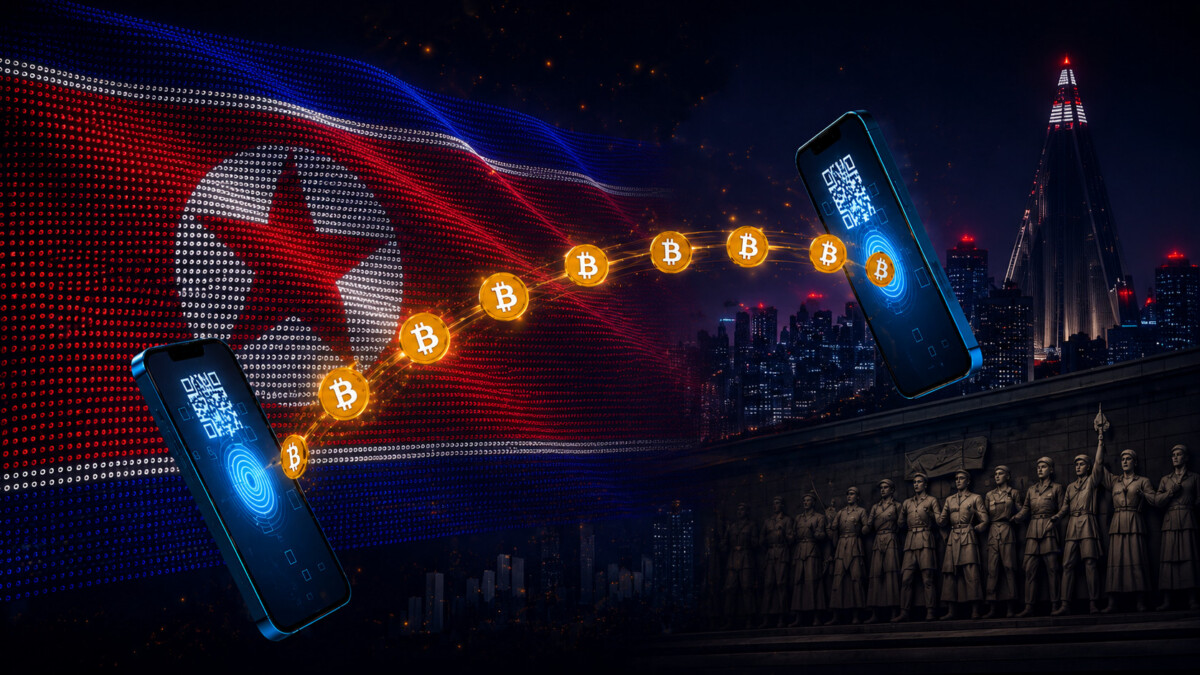 Chatgpt image aug 4 2026 032326 pm | nk insider two smartphones connect via a glowing bitcoin chain set against a nighttime cityscape with a russian flag in the background