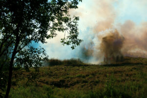 A person standing near a large plume of smoke rising from a ground blast in a grassy field, with a tree on the left.